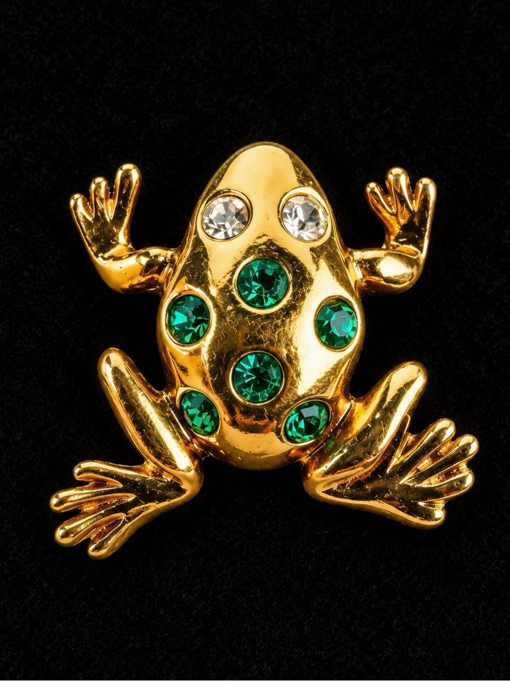 Whimsical Goldtone Frog Brooch with Green and Clear Accents